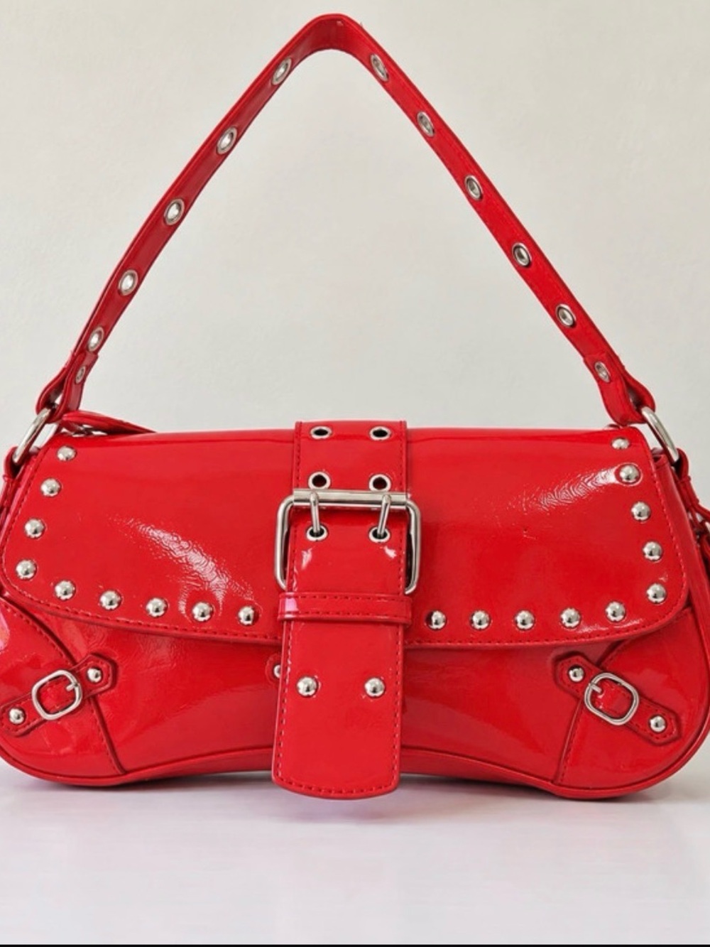 Red Patent Shoulder Bag with Silver Stud and Buckle Detail